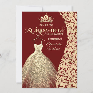 Invitación Vintage dorado damask tiara Quinceañera rojo