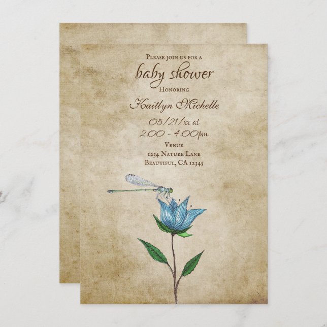 Invitación Vintage Dragonfly y Blue Flower Baby Shower (Anverso / Reverso)