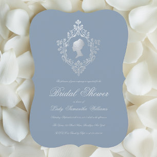 Invitación Vintage Dusty Blue Faux Silver Escudo Bridal Showe