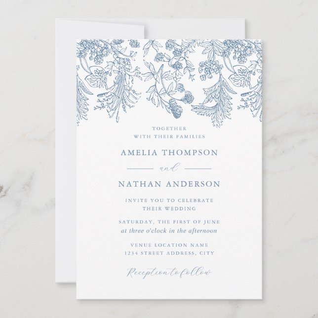 Invitación Vintage Dusty Blue Floral Elegante Boda (Anverso)