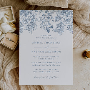 Invitación Vintage Dusty Blue Floral Elegante Boda
