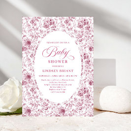 Invitación Vintage Dusty Rose Toile Roses Baby Shower Invite