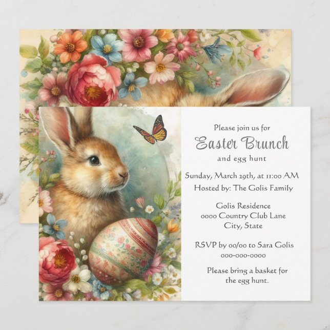 Invitación Vintage Easter Rabbit Holiday Brunch (Anverso / Reverso)