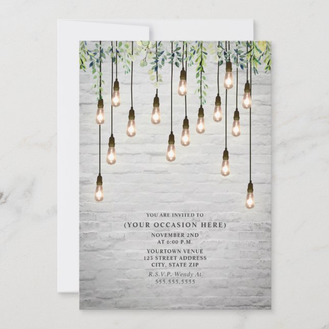 Invitación Vintage Edison Ilumina Fiesta Botánico de Ladrillo (Anverso)