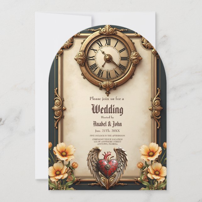 Invitación Vintage elegance: an elegant clock and heart.  (Anverso)