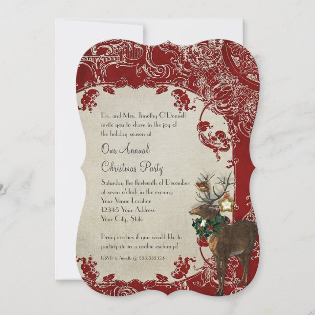 Invitación Vintage Elegance Navidades Deer Antlers Damask (Anverso)