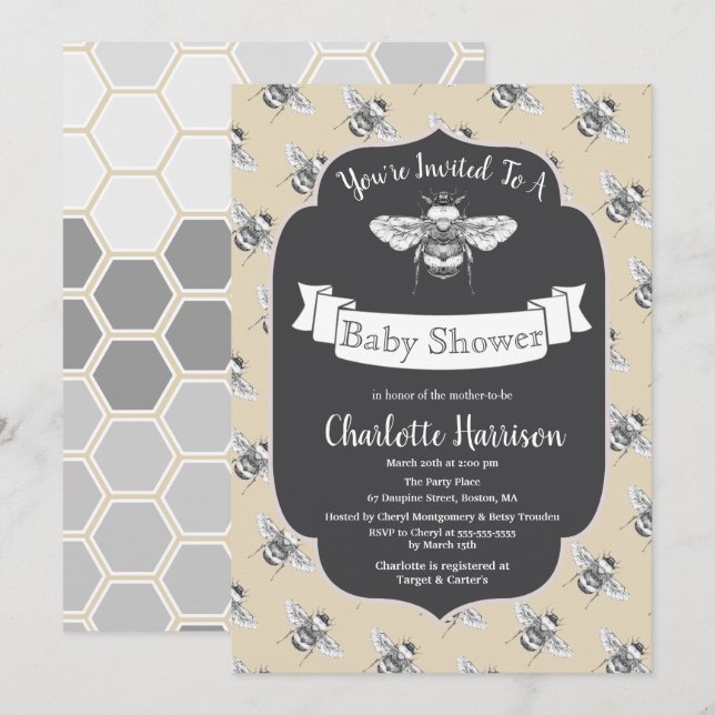 Invitación Vintage Elegant Bees Baby Shower (Anverso / Reverso)