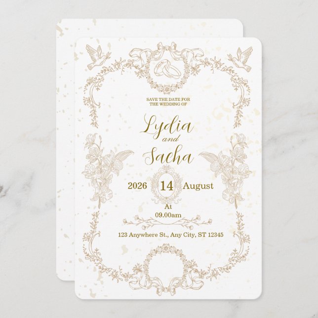 Invitación Vintage Elegant Floral Frame Wedding Invitation (Anverso / Reverso)