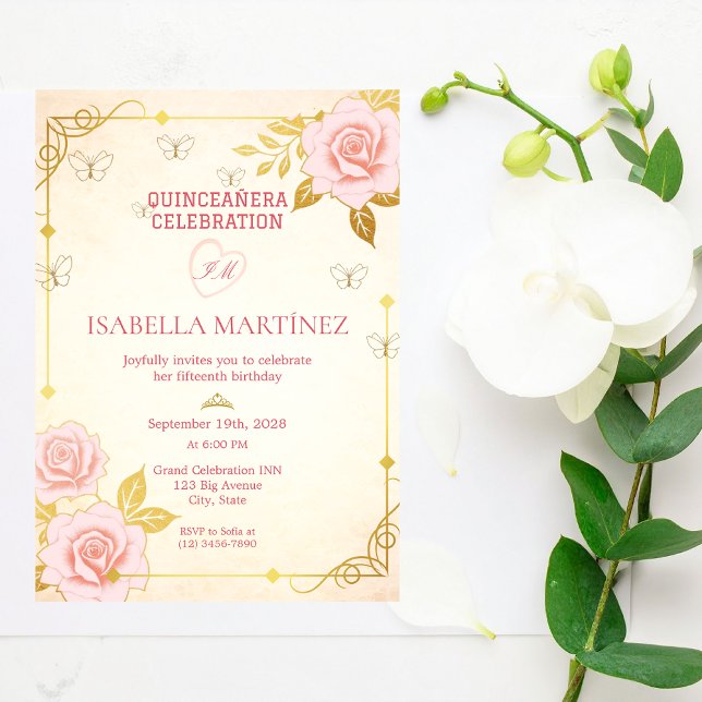 Invitación Vintage Elegant Pink Gold Quinceanera Birthday (Subido por el creador)