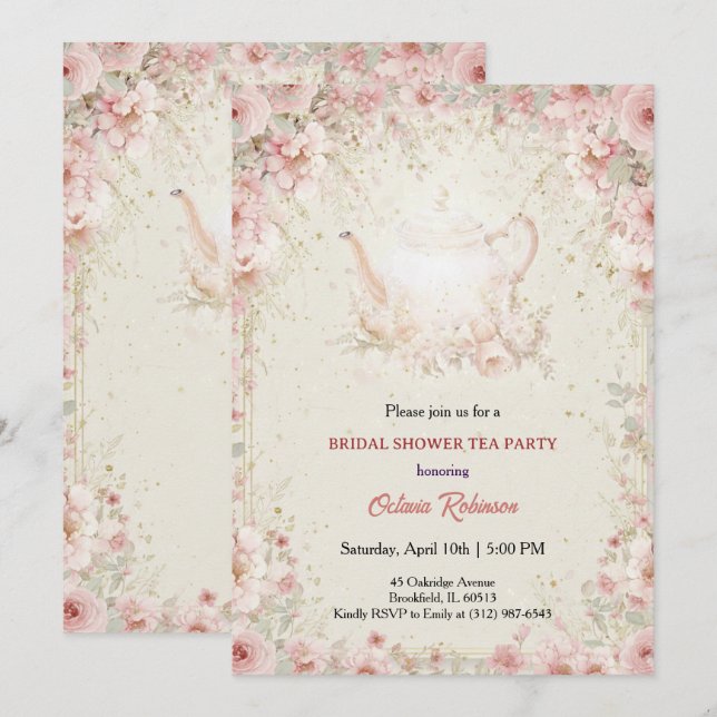 Invitación Vintage Elegant Tea Party Bridal Shower Invitation (Anverso / Reverso)