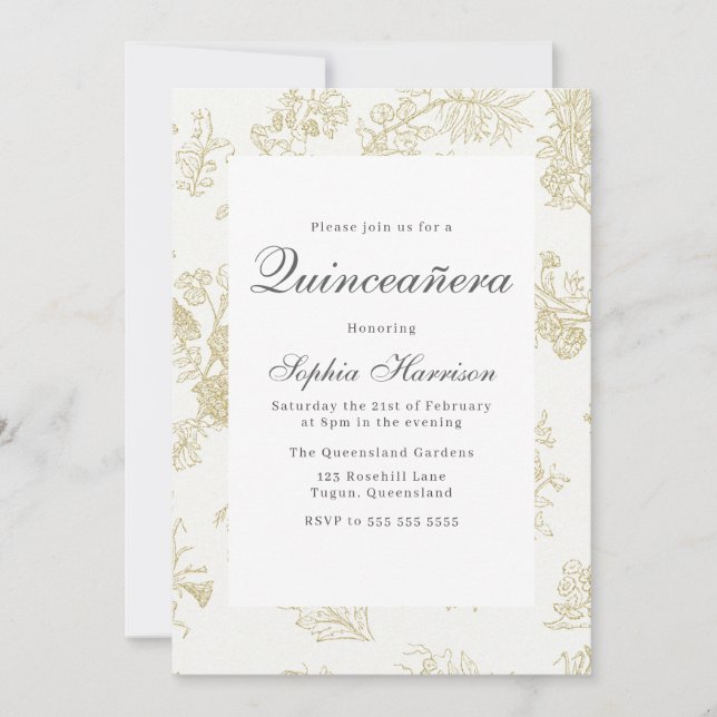 Invitación Vintage Elegante Classic Gold Floral Quinceanera (Anverso)