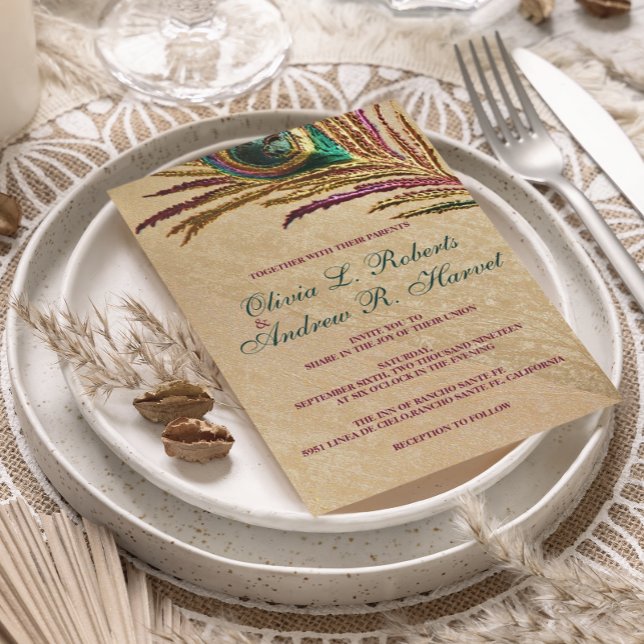 Invitación Vintage Embroidery Peacock Feather Wedding (Subido por el creador)