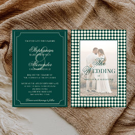 Invitación Vintage Emerald Checkered Old Money Photo Wedding