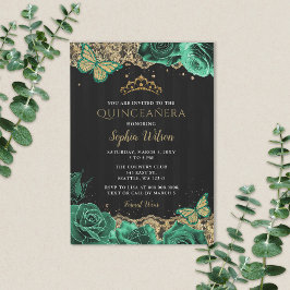Invitación Vintage Emerald Green Rosas Gold Lace Quinceañera