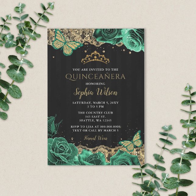 Invitación Vintage Emerald Green Rosas Gold Lace Quinceañera (Green Roses Butterfly Quinceanera Invitation)