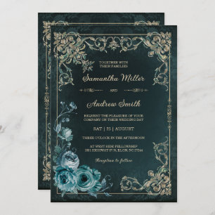 Invitación Vintage Emerald Green y Gold Boda