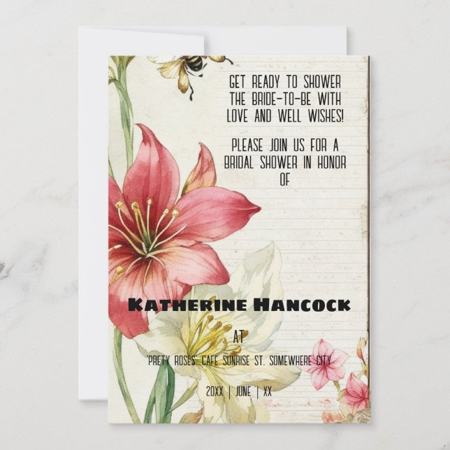 Invitación Vintage Ephemera Amaryllis Bridal Shower (Anverso)