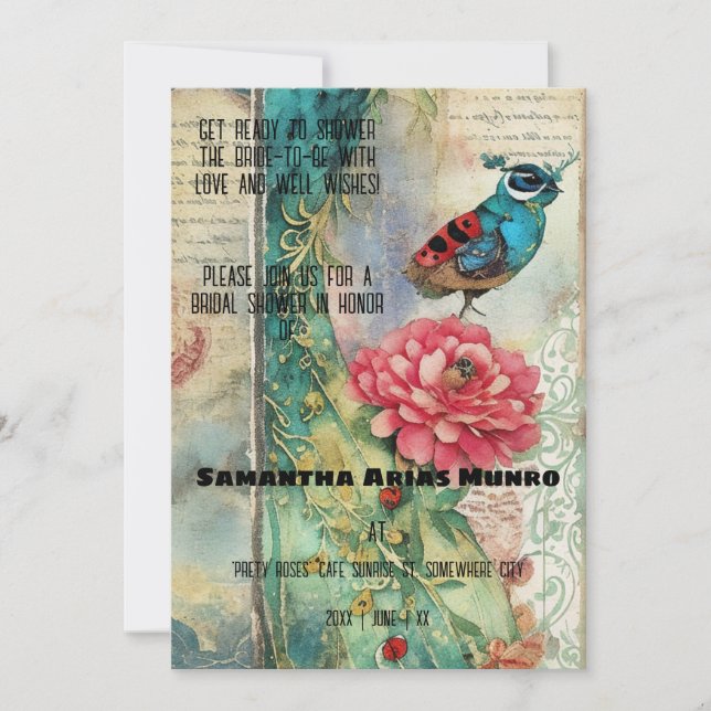 Invitación Vintage Ephemera Fantasy Bird Shower (Anverso)