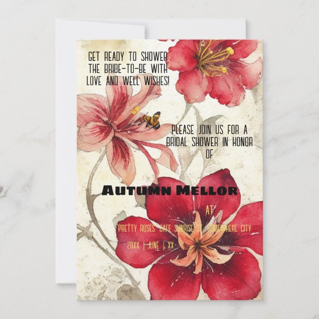 Invitación Vintage Ephemera Red Lillies Brillante (Anverso)