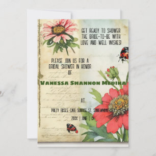 Invitación Vintage Ephemera Red Zinnias Bridal Shower