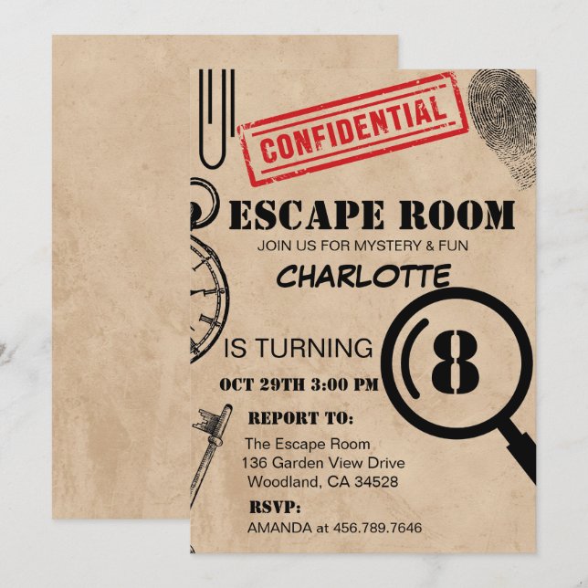 Invitación Vintage Escape Room Mystery Birday Party (Anverso / Reverso)