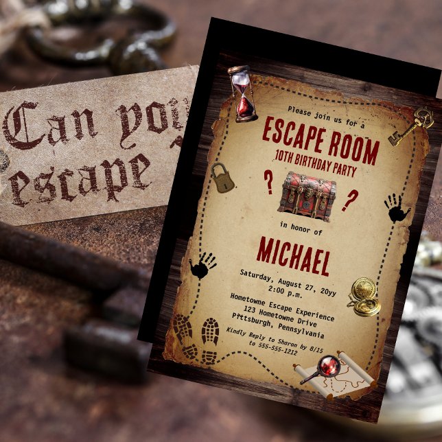 Invitación Vintage Escape Room Mystery Birday Party (Vintage Style Escape Room Mystery Birthday Party Invitation -- Kids or Adults)