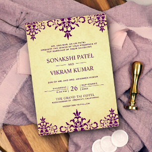 Invitación Vintage Étnico Púrpura Damasco Boda India