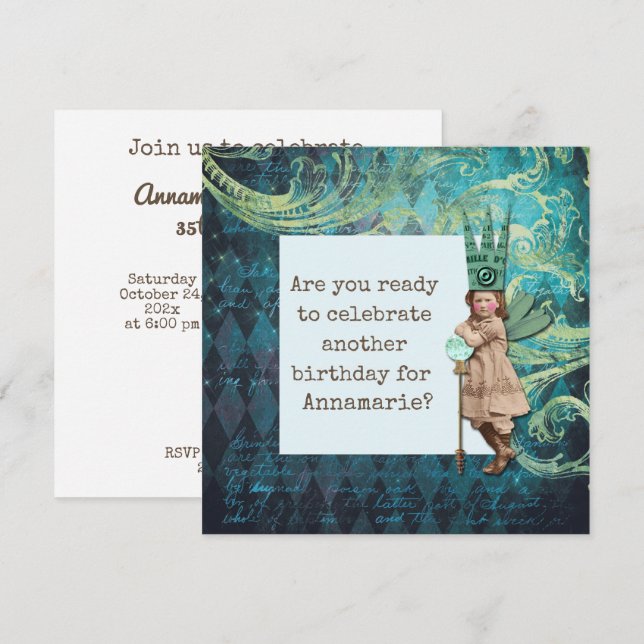 Invitación Vintage Fairy Altered Art Birday (Anverso / Reverso)