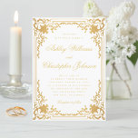 Invitación Vintage Faux Gold Elegante Ornate Boda Blanco<br><div class="desc">Esta elegante invitación a la boda, con un aire vintage, tiene un marco dorado falso ornamentado con elegantes decoraciones barrocas doradas sobre fondo blanco. Los nombres de la novia y del novio están escritos en un elegante guión caligráfico. Todo el texto puede ser personalizado y tiene un color dorado similar...</div>