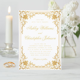 Invitación Vintage Faux Gold Elegante Ornate Boda Blanco