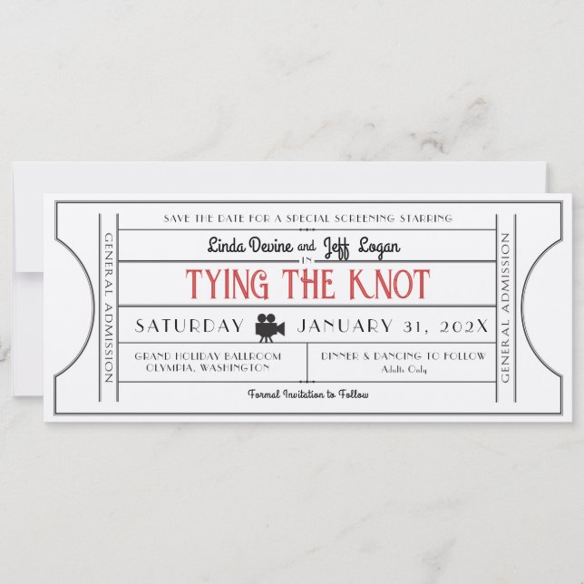 Invitación Vintage Film Ticket Save the Date (Anverso)