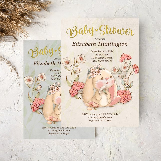 Invitación Vintage Floppy Bunny Floral Baby Shower (Subido por el creador)