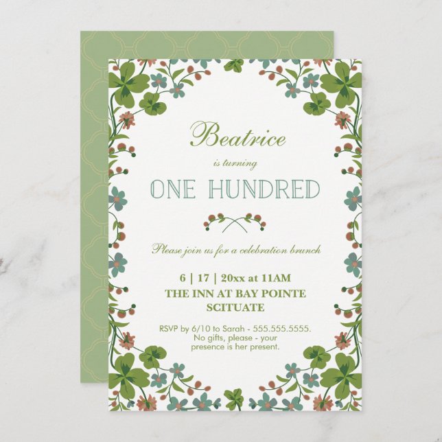 Invitación Vintage Floral 100 cumpleaños (Anverso / Reverso)