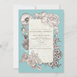 Invitación Vintage Floral Azul Turquesa Boda Moderna