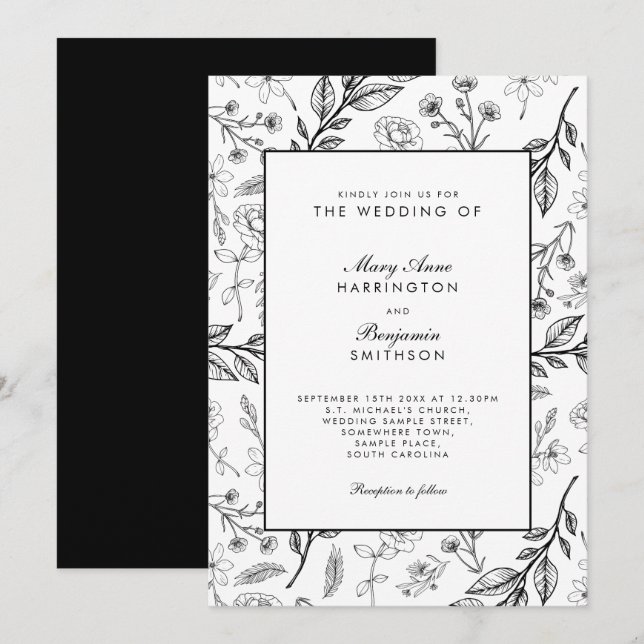 Invitación Vintage Floral Black White Boda (Anverso / Reverso)
