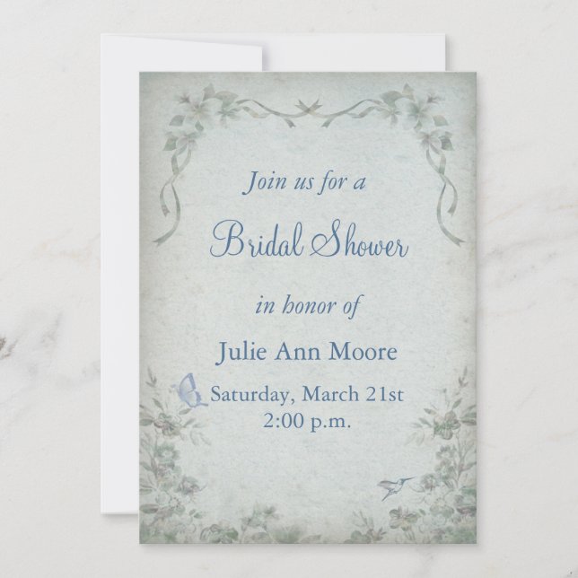 Invitación Vintage Floral Blue Bridal Shower (Anverso)