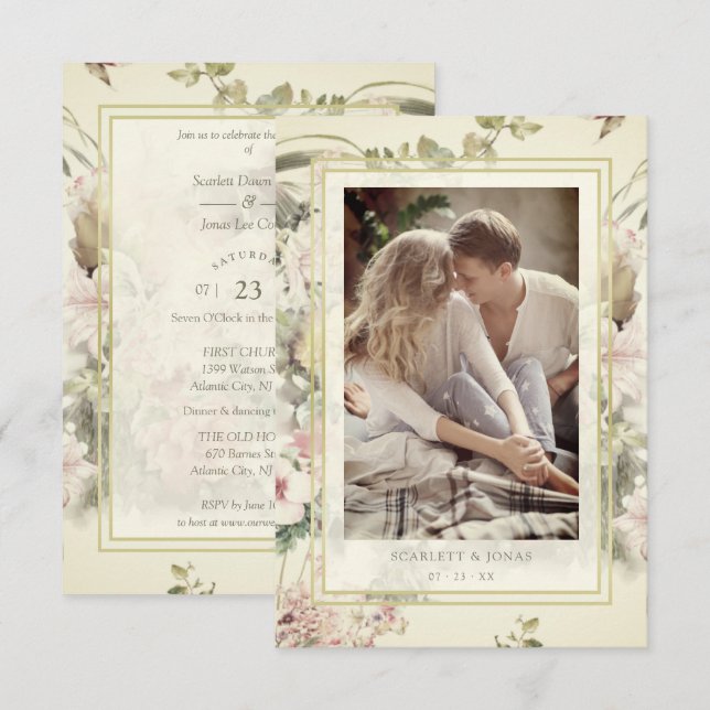 Invitación Vintage Floral Botanical Custom Photo Wedding (Anverso / Reverso)