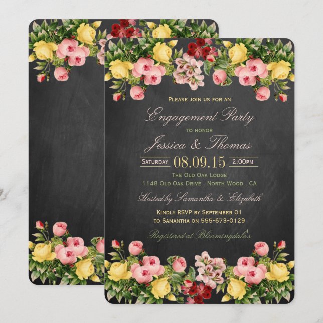 Invitación Vintage Floral Chalkboard Engagement Party (Anverso / Reverso)
