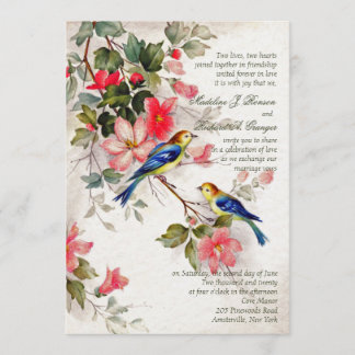 Invitación Vintage floral con los pájaros que casan la