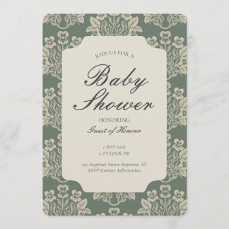 Invitación Vintage Floral Damask Baby Shower Green Beige
