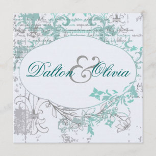 Invitación Vintage Floral Fleur De Lis Boda Verde azulado