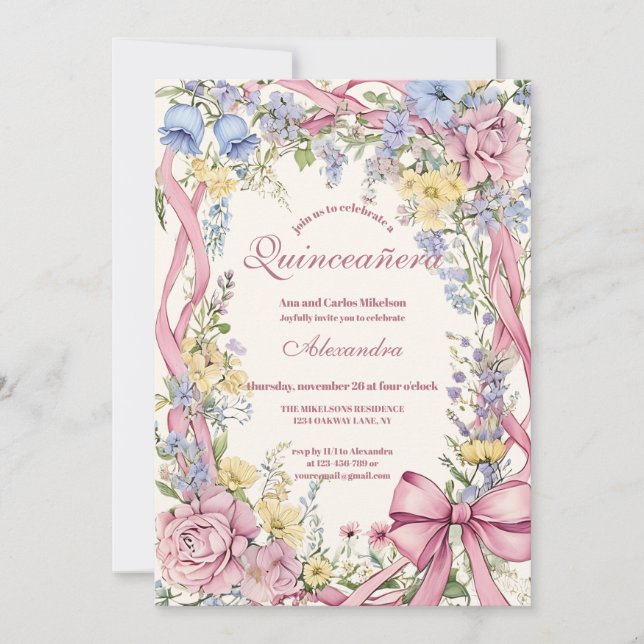 Invitación Vintage floral frame Quinceañera  (Anverso)