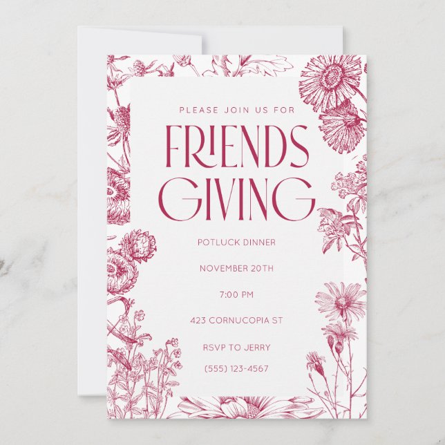 Invitación Vintage Floral Friendsgiving (Anverso)