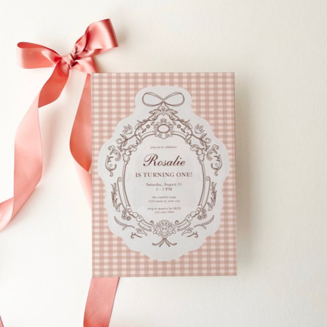 Invitación Vintage Floral Gingham Chicas 1er cumpleaños (Girls First Preppy Vintage Birthday Invite)