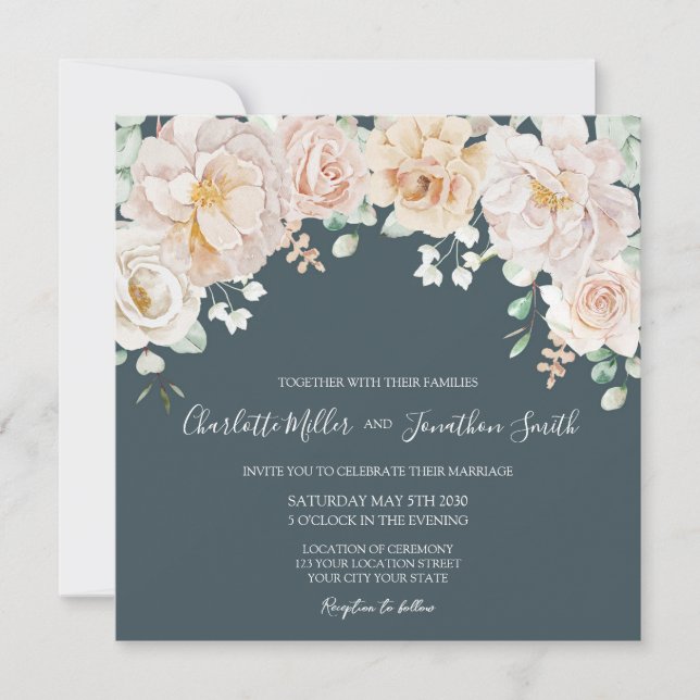 Invitación Vintage Floral Navy Blue Wedding Invitations (Anverso)