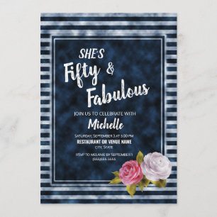Invitación Vintage Floral Navy Blue White Striped Cincuenta a