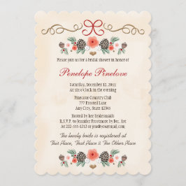 Invitación Vintage Floral Pinecone Navidades Brillante