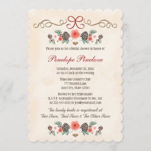 Invitación Vintage Floral Pinecone Navidades Brillante