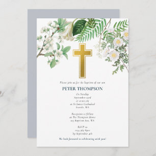 Invitación Vintage Floral Religiosa Oro Cruzado Baptismo