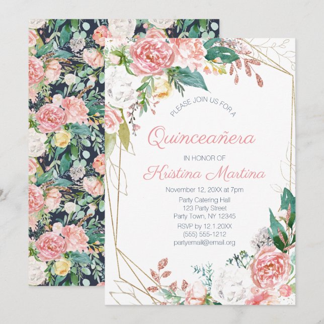 Invitación Vintage Floral Rosa Quinceañera Cumpleaños (Anverso / Reverso)